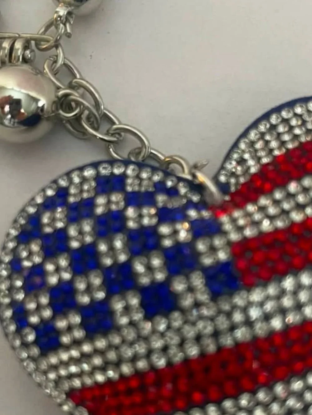 USA Flag Rhinestone Heart Keychain- Crystal Patriotic Purse Charm Red White Blue